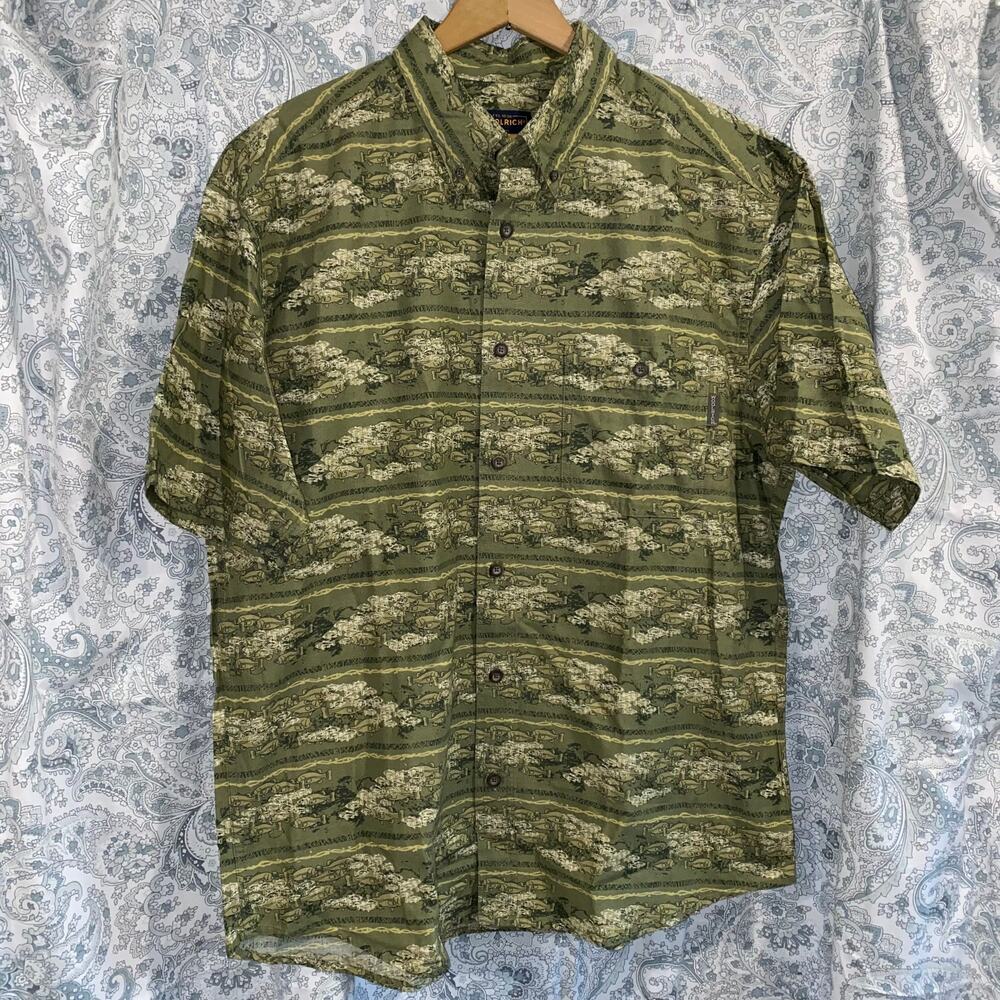 Woolrich Men's L Green Fish Print S/S B/F Cotton Shirt‎